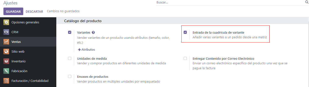 Activar la entrada de cuadricula de variante