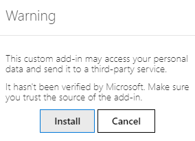 Advertencia de instalación de complemento personalizado en Outlook