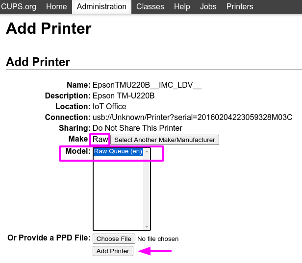 Especificaciones para Epson TM-U220 en el sitio web de los fabricantes.