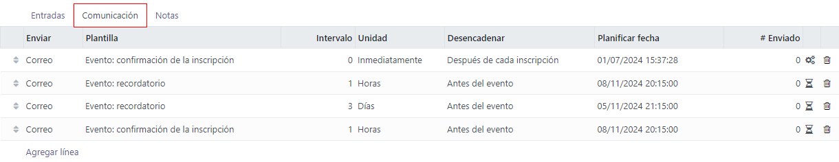 Vista de la pestaña de comunicación en la aplicación Eventos de Odoo.