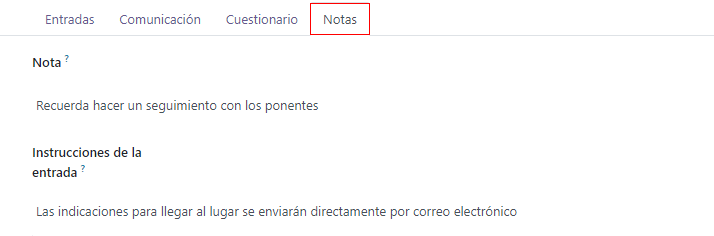 Vista de la pestaña de notas desde la aplicación Eventos de Odoo.