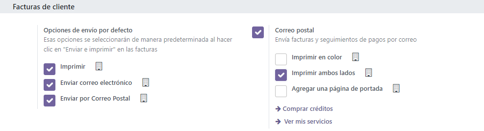 Activar la función de correo postal en los ajustes de la aplicación Contabilidad de Odoo.