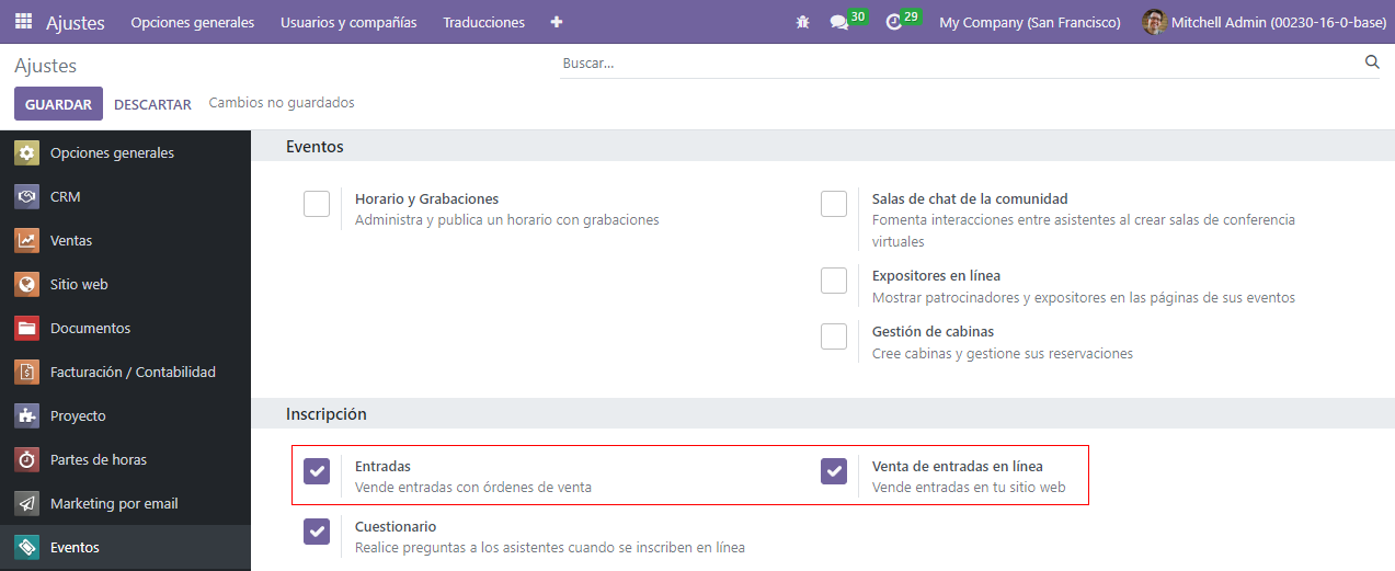 Vista de la página de configuración de la aplicación Eventos de Odoo.