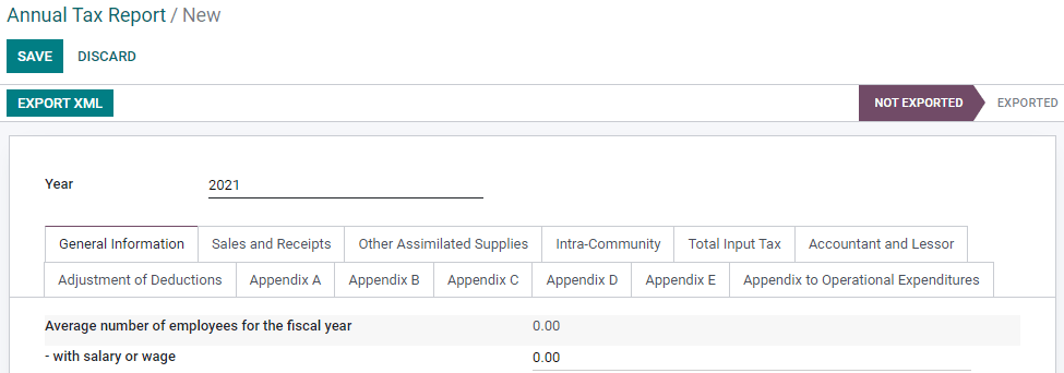 La aplicación Contabilidad de Odoo (con la localización de Luxemburgo) genera una declaración anual de impuestos.