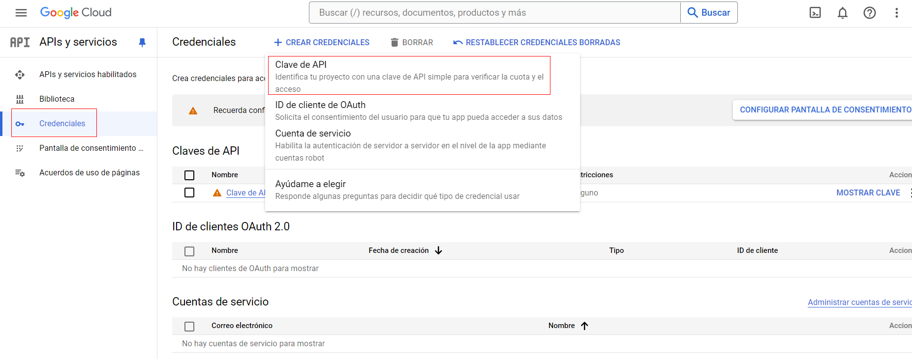 Página de APIs y servicios en Google Cloud Platform