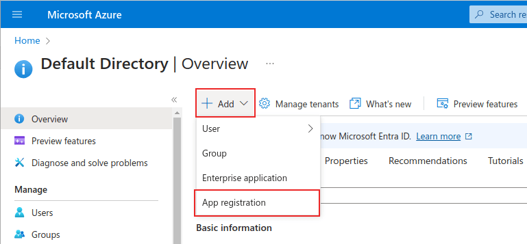 Página de administración de Microsoft Azure con el menú + Agregar y Registro de aplicaciones dentro de recuadros rojos.