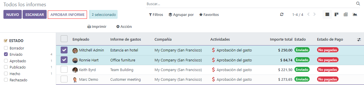 Apruebe varios informes haciendo clic en las casillas de verificación junto a cada informe.