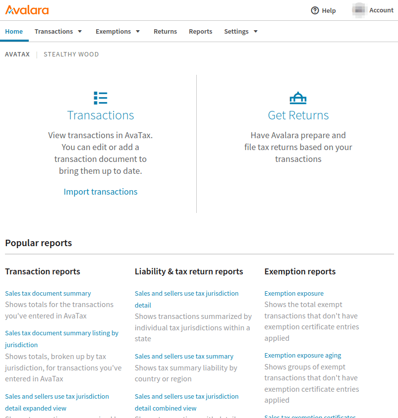 Tablero de Avalara luego de iniciar sesión en el portal administrativo de Avalara.