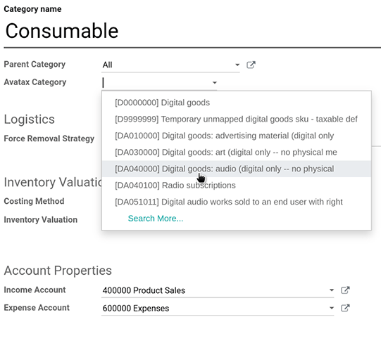 Especificar la categoría de AvaTax en los productos.