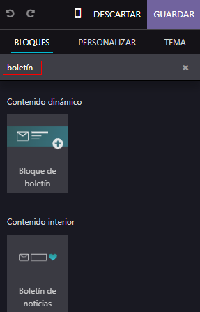 Vista de qué tan rápido puede encontrar los bloques de boletín en la aplicación Sitio web de Odoo.  