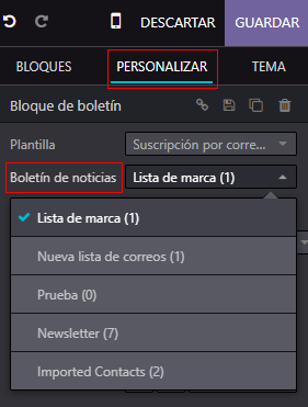 Vista de la ventana emergente para agregar un campo de suscripción a una lista de correo en Sitio web de Odoo. 