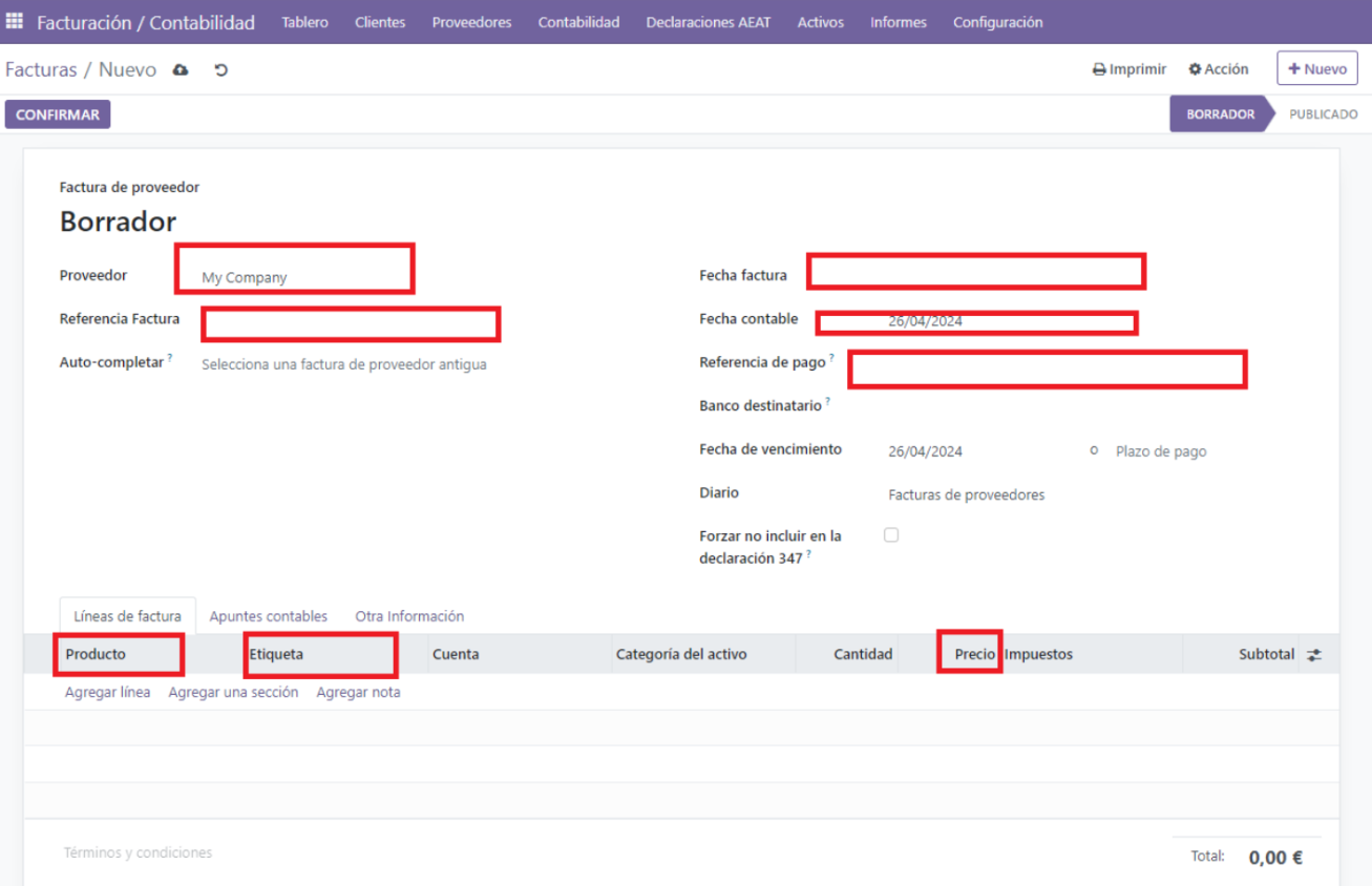 Borrador de nueva factura en Odoo