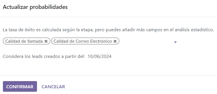 La pestaña para Actualizar probabilidades en los ajustes de Puntuación predictiva de leads.