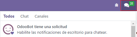 Imagen de mensajes en el menú de mensajería en donde se resalta la solicitud para enviar notificaciones push para la aplicación Conversaciones de Odoo.