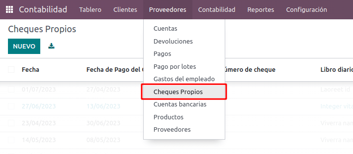 Ubicación de "cheques propios" en el menú.