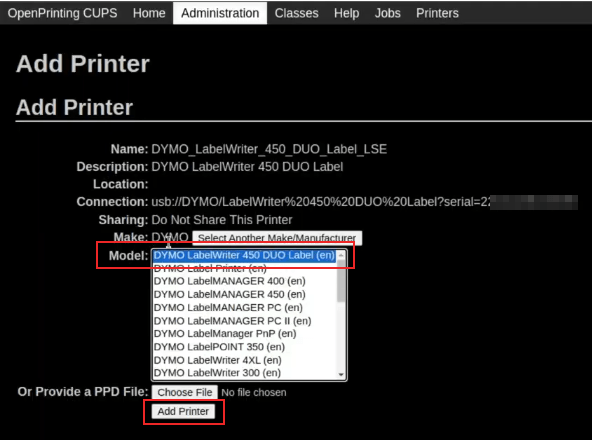 Pantalla donde se selecciona un modelo en la consola OpenPrinting CUPS con el modelo y la impresora resaltados.