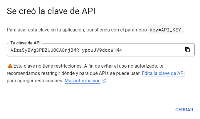 Pop up que aparece el crear la clave API