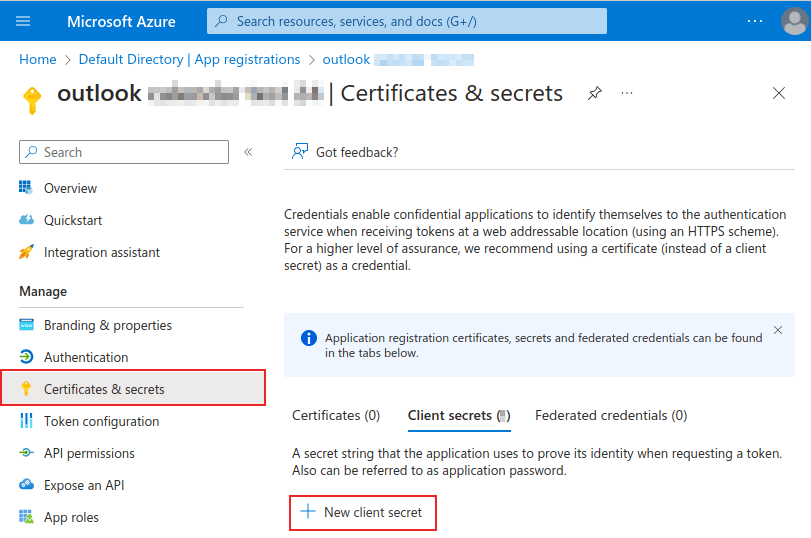 Página del nuevo secreto de cliente. El menú de certificados y secretos y la nueva opción de secreto de cliente aparecen destacadas.