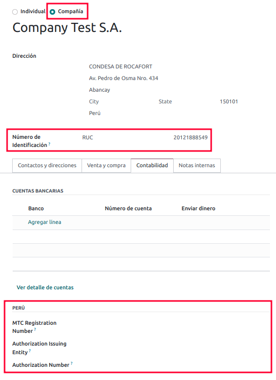 Configuraciones de operador de tipo empresa en el formulario de contacto.