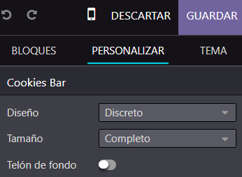 El panel de edición del sitio web de Odoo para personalizar la barra de cookies.