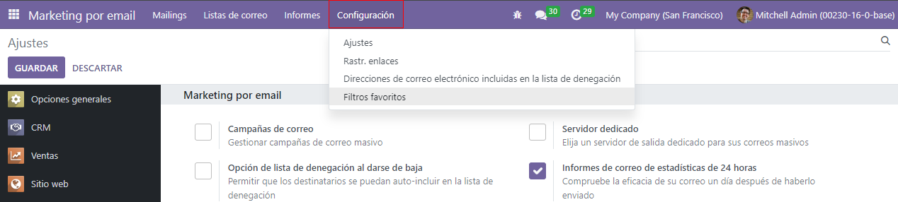 Vista de la página de Ajustes en la aplicación Marketing por correo electrónico de Odoo.