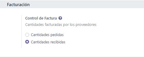 Política de control de facturas en los ajustes de la aplicación Compra. 