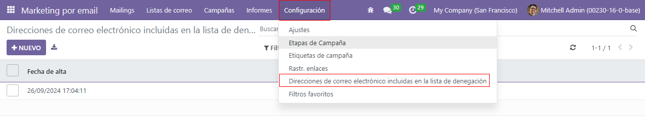 Vista de la página de correos electrónicos de la lista negra en la aplicación Marketing por correo electrónico de Odoo.