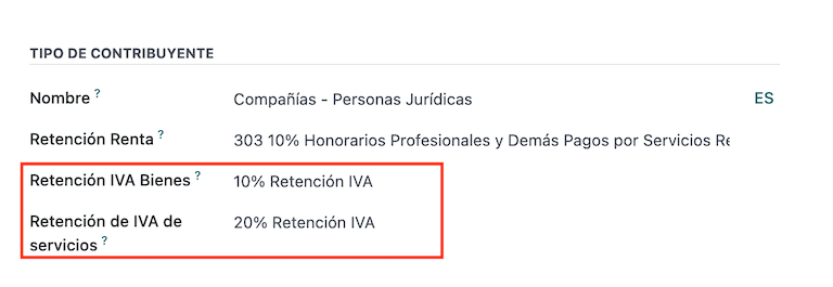 Configuración de tipo de contribuyente para Ecuador.