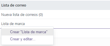 Vista de un menú desplegable de una lista de correo nueva en el formulario de contacto en Marketing por correo electrónico de Odoo. 