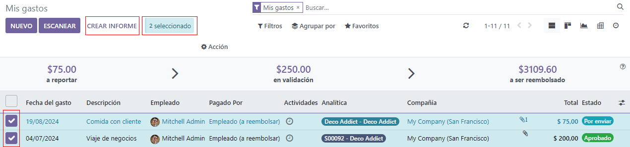 Seleccione los gastos a enviar y luego cree el informe.