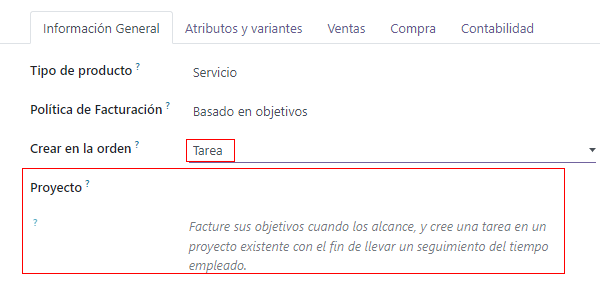 El campo Proyecto aparece cuando se selecciona la opción Tarea