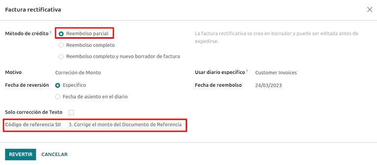 Nota de crédito para un reembolso parcial para corregir importes. Utiliza el código de referencia SII 3.