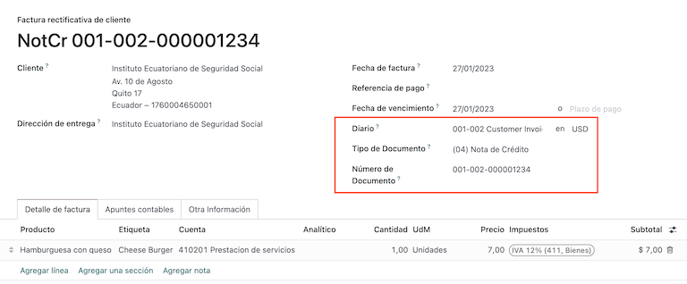 Nota de crédito del cliente para Ecuador.