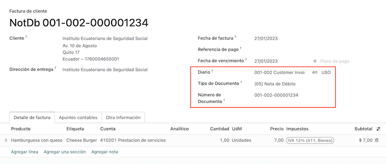 Nota de débito del cliente para Ecuador.