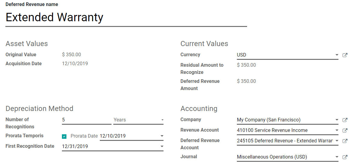 Asiento de ingresos diferidos en Contabilidad de Odoo