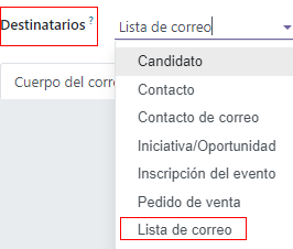 Vista del menú desplegable de destinatarios en la aplicación Marketing por correo electrónico.