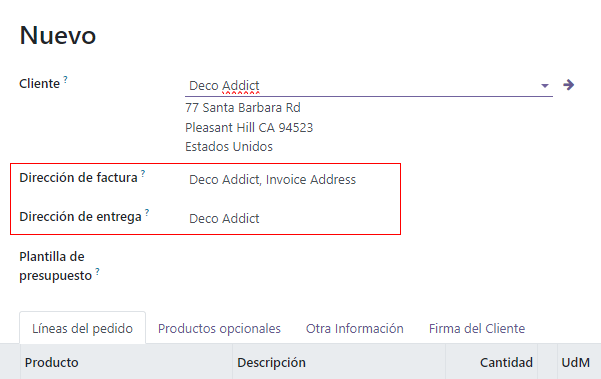 Las direcciones de facturación y de envío se completan automáticamente en una cotización.