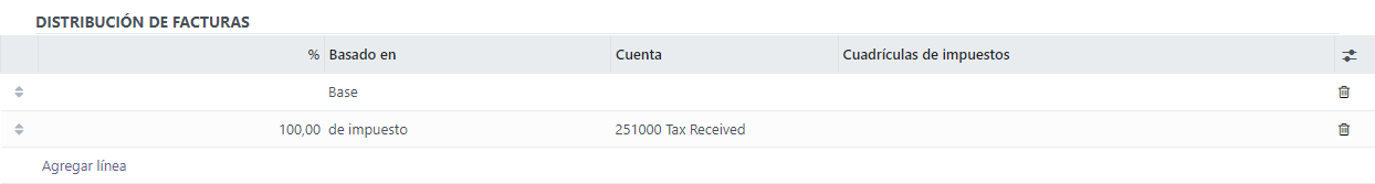 Complete la columna de cuenta con una cuenta de transición donde se ingresan los impuestos hasta que se registre el pago.