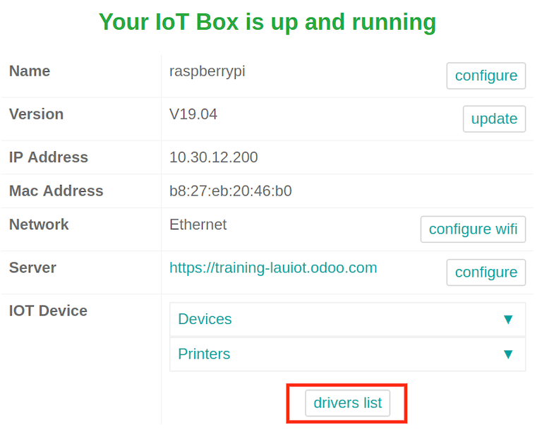 Vista de los ajustes de la Caja IoT y la lista de controladores.