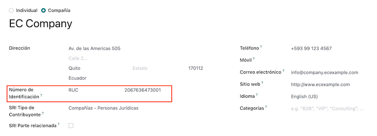 Completar los datos de la empresa para Ecuador en la aplicación Contactos de Odoo.