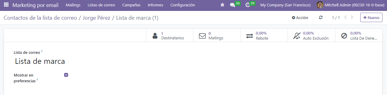 Vista de la ventana emergente para crear y editar una lista de correo en Marketing por correo electrónico de Odoo.