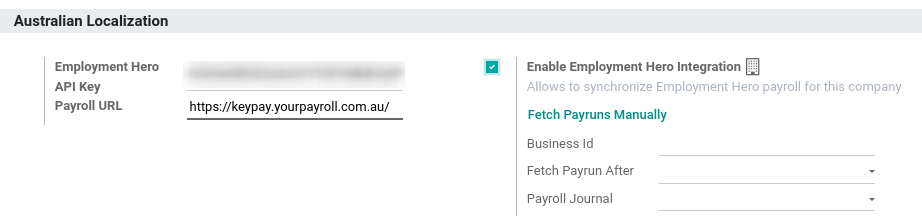 Habilitar la integración con Employment Hero en la aplicación Contabilidad de Odoo mostrará nuevos campos en los  ajustes