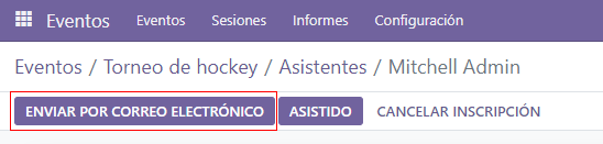 Vista del formulario de un asistente en la que se hace énfasis el botón Enviar por correo electrónico.