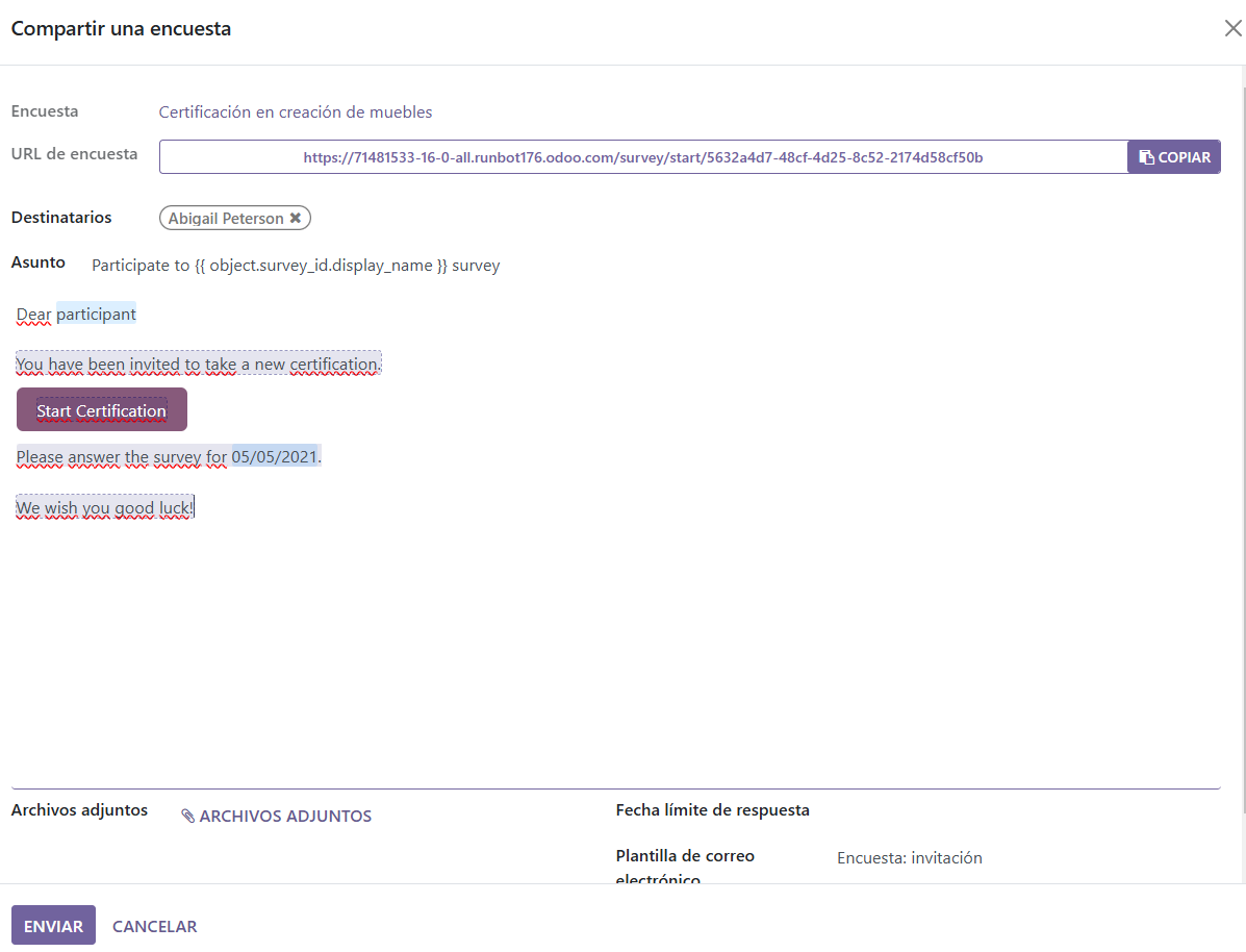 Envío de una encuesta personalizada, también conocida como formulario de entrevista, al postulante con una plantilla preconfigurada.