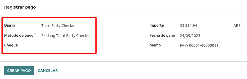 Ventana emergente de pago con las opciones de Cheque existente de terceros activadas.