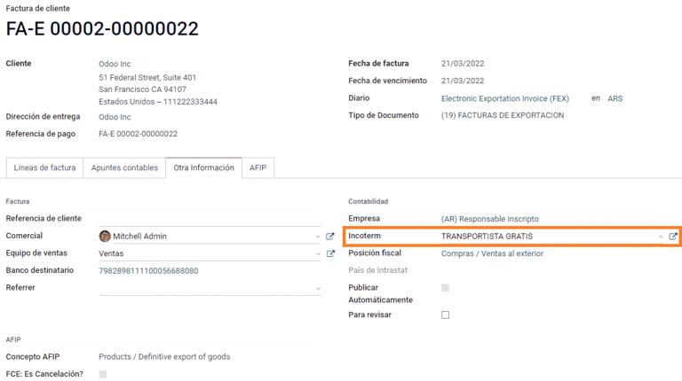 Factura de exportación - Incoterm.