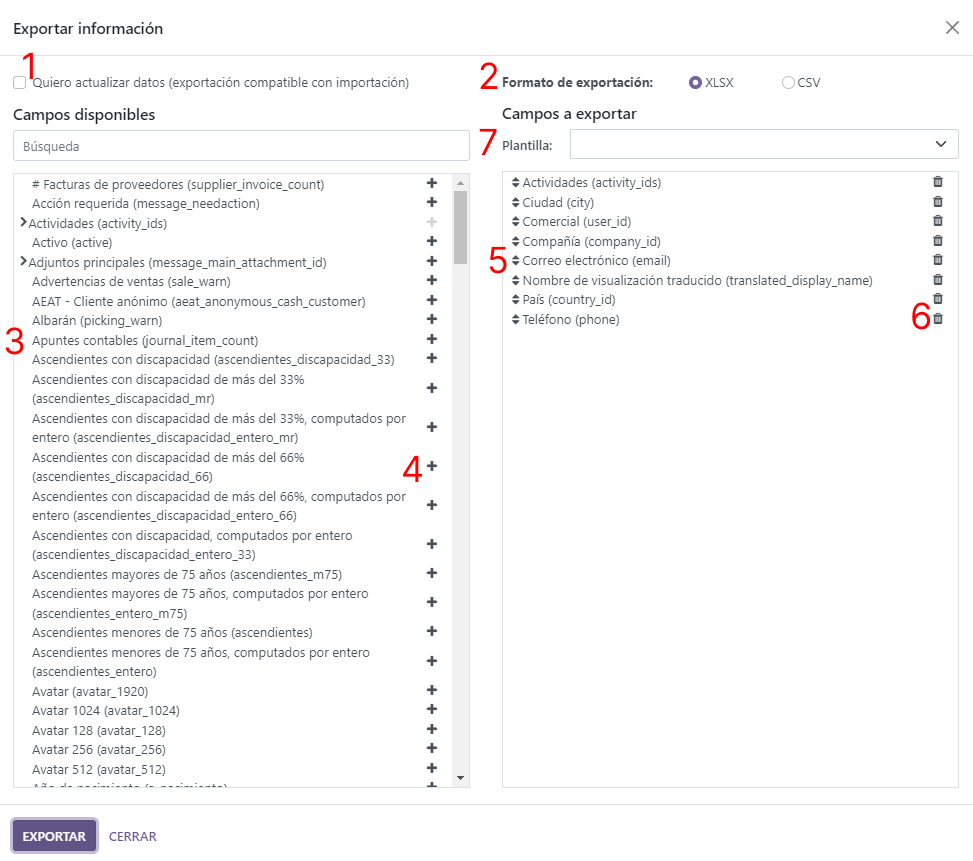 Resumen de las opciones que debe tomar en cuenta al exportar datos en Odoo.