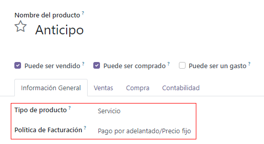 Ficha de producto de anticipo