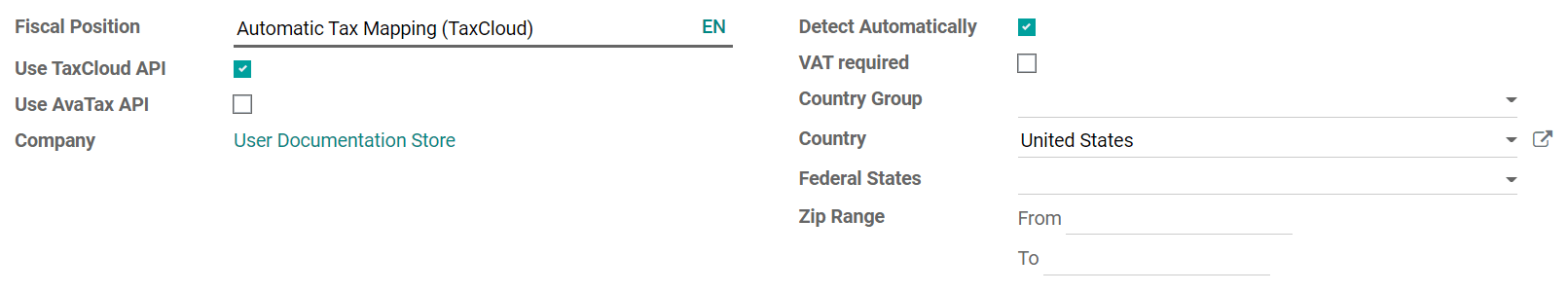 Habilite la función "detectar de forma automática" en la posición fiscal de TaxCloud