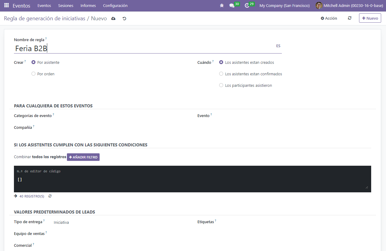 Plantilla de regla de generación de leads en la aplicación Eventos de Odoo